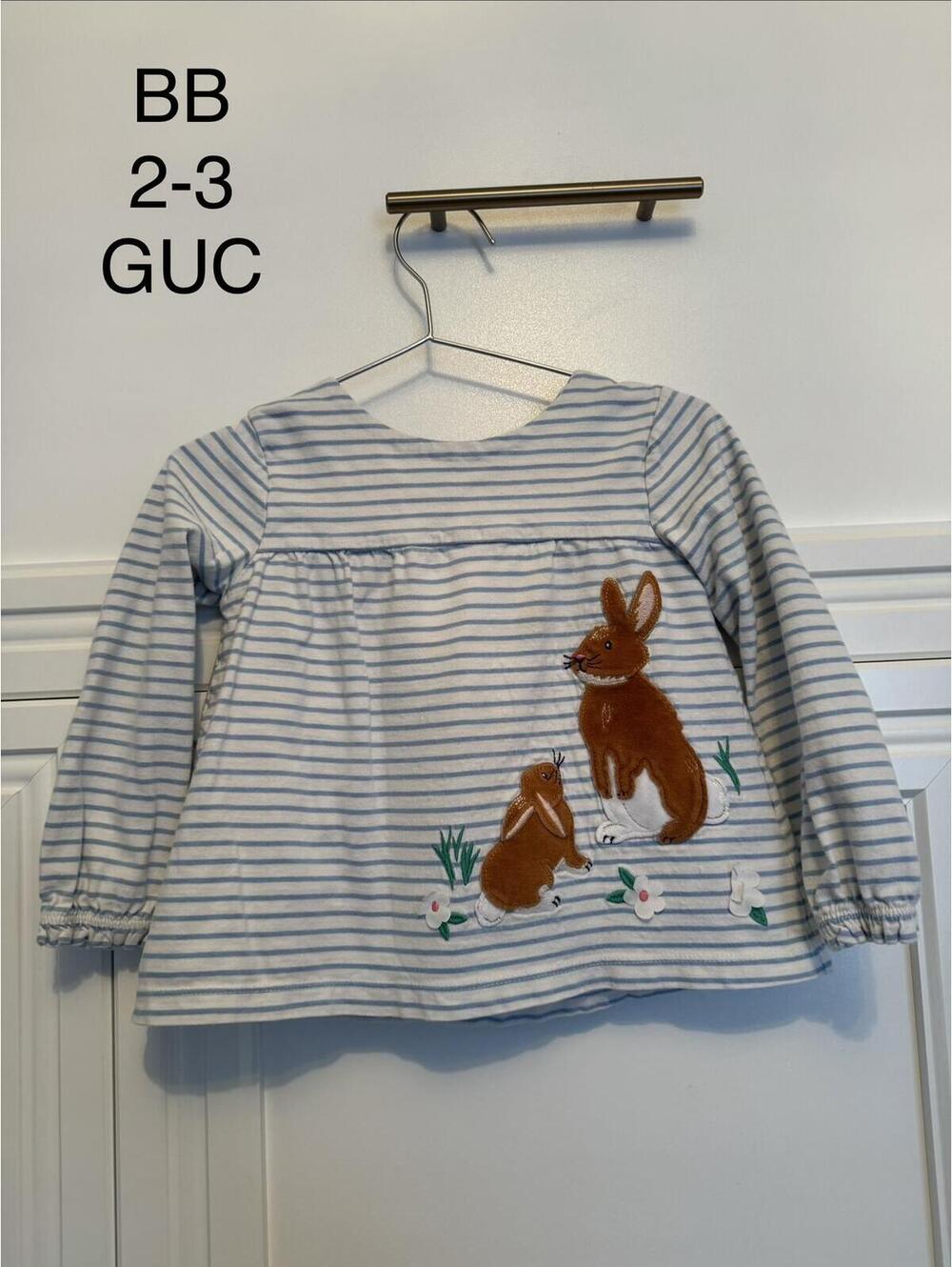 Baby Boden Toddler Girls Long Sleeve Striped Top with Bunny Design Size 2-3